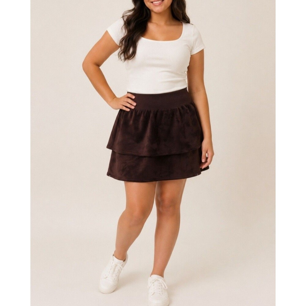 Athleta Girl Size XXL 16 Mini Skirt Wine Purple Ruffled Pull On Fleece Lined
